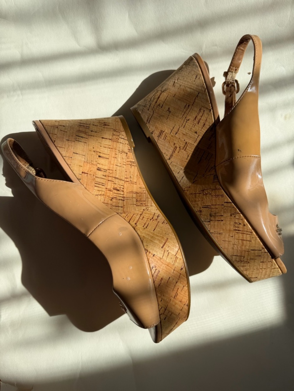 Coach Nude/Tan Peep-Toe Leather wedges with Logo Accent - Picture 3 of 10